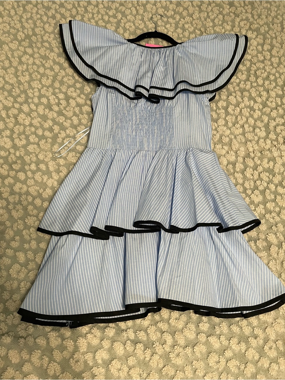 Striped Light Blue Mini Dress with Black Trim - Feminine Ruffle Silhouette - Picture 2 of 3
